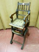 A CHILD'S METAMORPHIC HIGH CHAIR, circa 1900, ash and mahogany with brass mounted front tray and