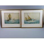 TOM HARDY watercolours, a pair - squally shipping scenes, each signed, 25 x 33 cms