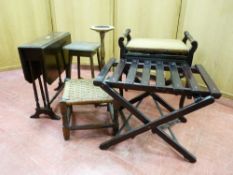 A SMALL PARCEL OF POLISHED FURNITURE - drop leaf Sutherland coffee table, box seat piano stool