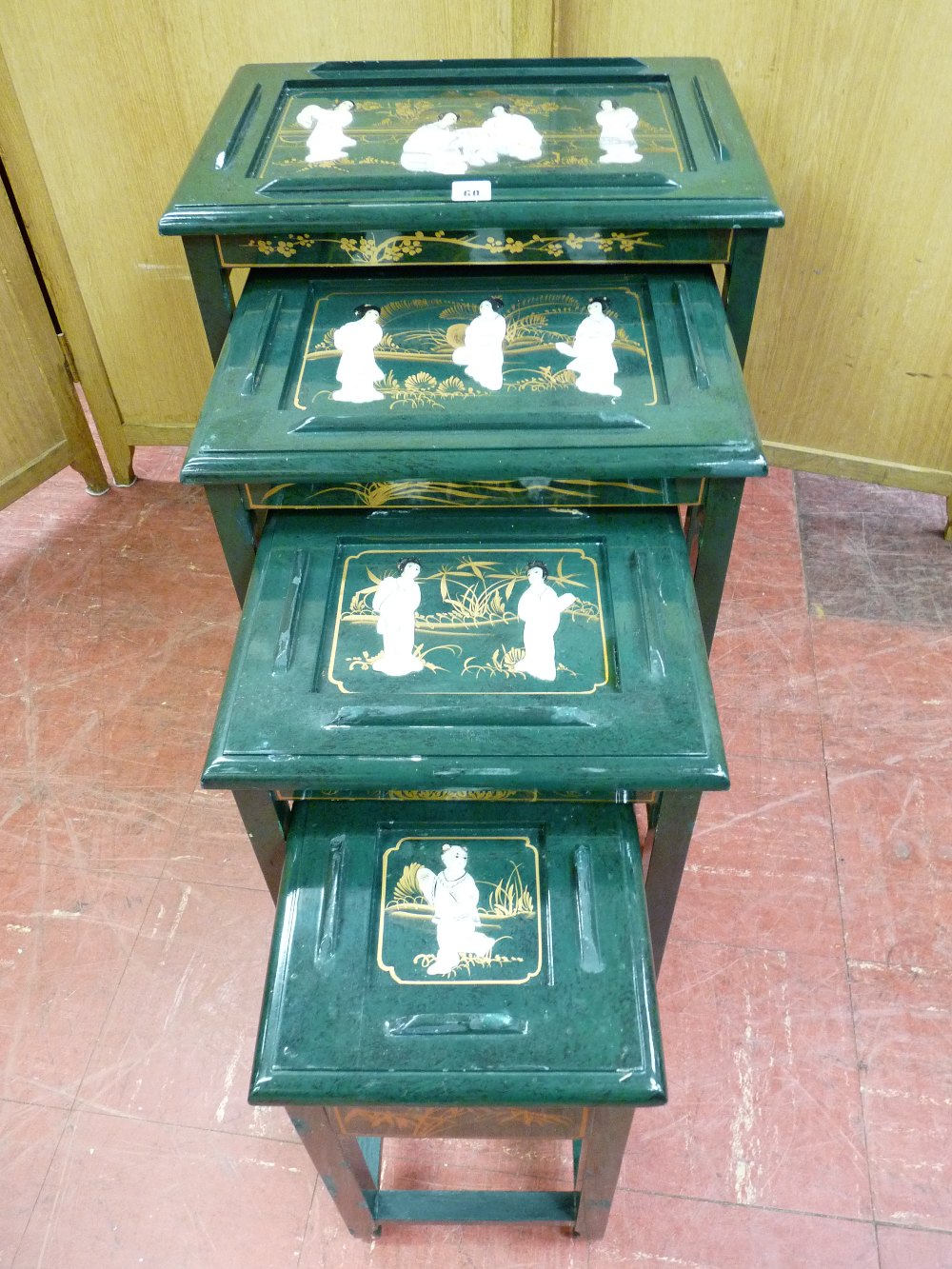 A QUARTETTO OF MODERN ORIENTAL SIDE TABLES having a jade effect finish with gilt highlighting and