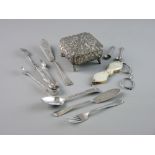 A PARCEL OF SILVER FRUIT FORKS, butter knives, sugar tongs and salt spoons etc, 4.5 troy ozs total