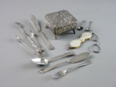 A PARCEL OF SILVER FRUIT FORKS, butter knives, sugar tongs and salt spoons etc, 4.5 troy ozs total