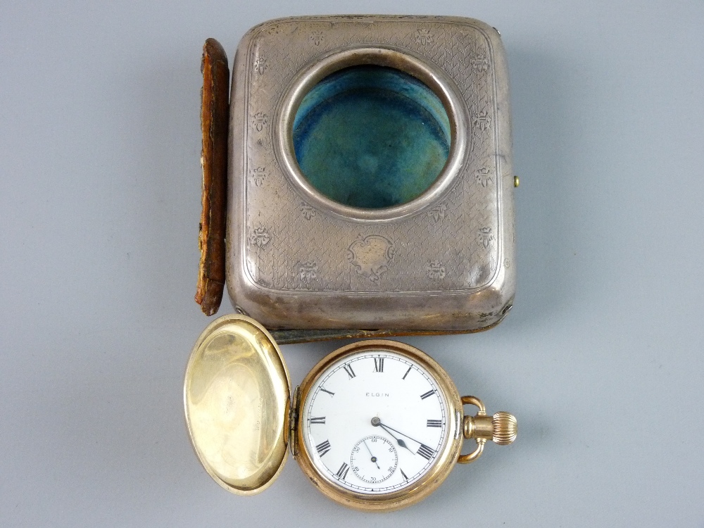 A YELLOW METAL ENCASED DENNISON MOON POCKET WATCH the dial marked Elgin and a silver encased easel