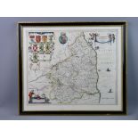 JOHN BLAEU coloured and tinted map of Northumbria, 45.5 x 54 cms with wide margins and glazed to the