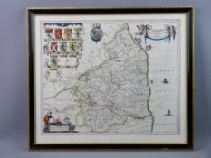 JOHN BLAEU coloured and tinted map of Northumbria, 45.5 x 54 cms with wide margins and glazed to the