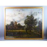 19th CENTURY OIL ON CANVAS - pastoral scene with thatched farmstead, figure with sheep and figure on