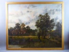 19th CENTURY OIL ON CANVAS - pastoral scene with thatched farmstead, figure with sheep and figure on
