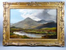 SIDNEY RICHARD PERCY oil on canvas - sunlit mountain landscape with river, cattle watering and