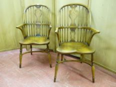 A PAIR OF ELM SPINDLE & SPLATBACK WINDSOR ELBOW CHAIRS with turned and shaped front supports and