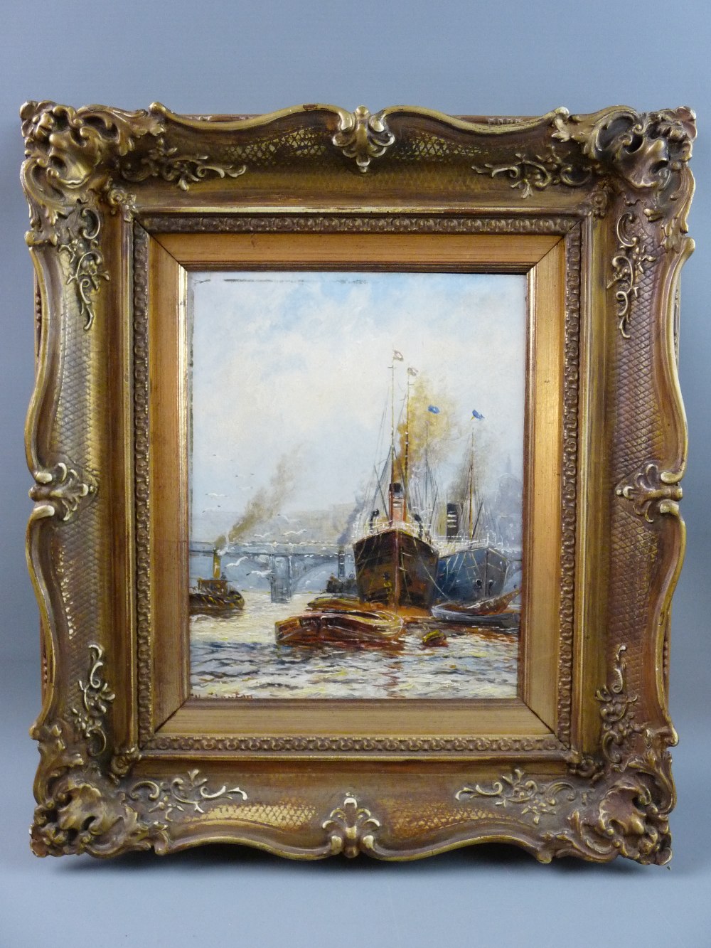 C H CLAYTON oil on board - busy river scene with boats and bridge, signed and with title label verso