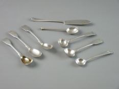 A PARCEL OF SEVEN SILVER MUSTARD/SALT SPOONS and a silver butter knife, total 4 troy ozs