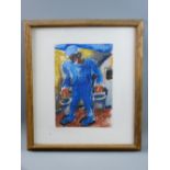 JOSEF HERMAN pastel - a man carrying two buckets, unsigned, 29 x 20 cms