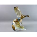 A GERMAN PORCELAIN PAIR OF DUCKS IN FLIGHT by Hutschenreuther with original potter's label to the