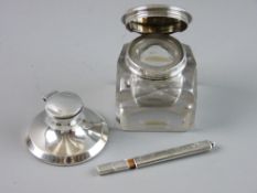 THREE SILVER DESK ITEMS to include a silver topped and glass inkpot, London 1831, a pencil holder