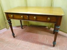 A VICTORIAN MAHOGANY SIDE TABLE with two drawers having turned knobs and corner shaped and turned