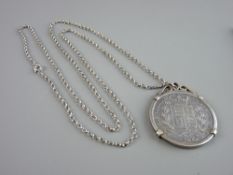 A VICTORIAN SILVER CROWN 1845 in a mount with a sterling silver belcher chain, 7 grms, total