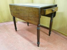 A LATE VICTORIAN MAHOGANY TWIN LEAF PEMBROKE TABLE with end opening drawer and blind drawer other