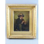 J K oil on board - young Continental hatted boy seated on a wicker chair playing a flute like