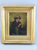 J K oil on board - young Continental hatted boy seated on a wicker chair playing a flute like