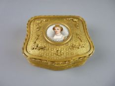 A FRENCH GILDED METAL JEWELLERY BOX, late 19th Century, the lid with central painted porcelain panel