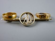 A TWENTY TWO CARAT GOLD WIDE WEDDING BAND, 3 grms, an eighteen carat gold Mizpah ring, 2 grms and