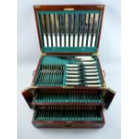 A QUALITY MAHOGANY CASED CANTEEN OF ELECTROPLATE CUTLERY, eighty seven pieces matching with