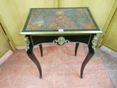 A SMALL OBLONG TOPPED RED BOULLE AND EBONIZED SIDE TABLE, the brass edged top over a single