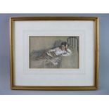 MARIA EATON mixed media - figure reclining on a bed reading, signed and dated 1910, 12 x 19 cms