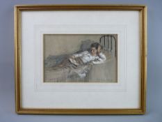 MARIA EATON mixed media - figure reclining on a bed reading, signed and dated 1910, 12 x 19 cms