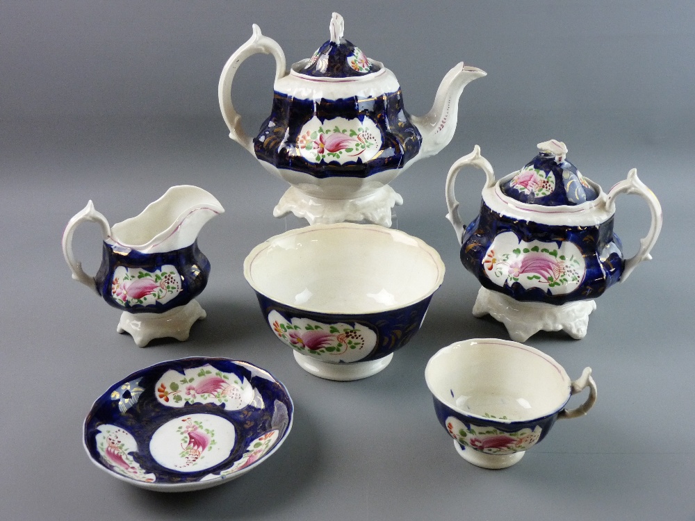 FIVE PIECES OF GAUDY WELSH FEATHER TEAWARE - large teapot, twin handled lidded sugar basin, milk