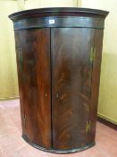 A GEORGIAN MAHOGANY HANGING WALL CUPBOARD with twin bow fronted doors, brass 'H' hinges and green