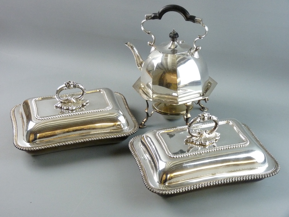 QUANTITY OF ELECTROPLATED WARE to include an octagonal shape spirit kettle on stand with burner