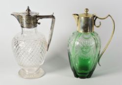 TWO CUT-GLASS & EPNS CLARET JUGS being a green tinted example and a clear hobnail example