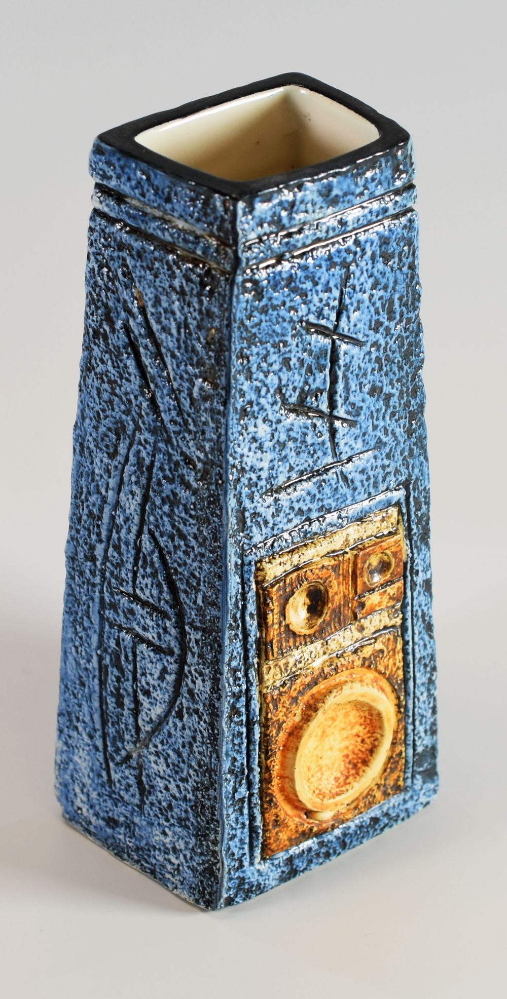 A TROIKA SLAB SIDED TAPERED COFFIN-VASE typically decorated with mottled blue and brown glaze, - Image 2 of 2