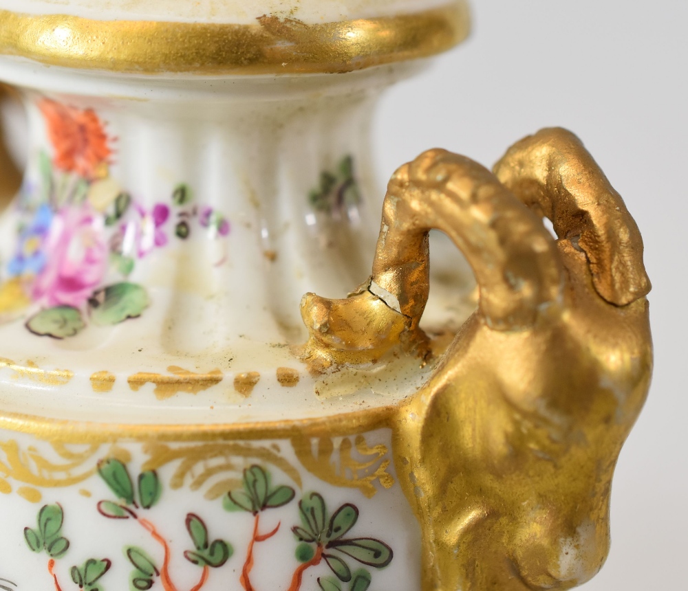 A PAIR OF CHELSEA PORCELAIN MINIATURE VASES of campana form on square bases with gilded goat-head - Image 2 of 2