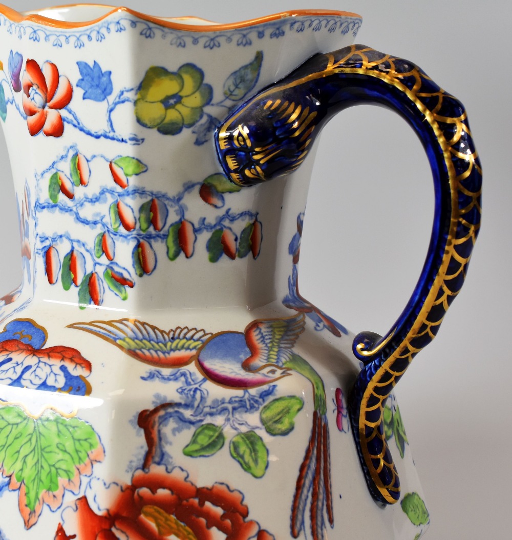 A MASONS IRONSTONE JUG & BASIN of faceted form and decorated with flowers and exotic colourful - Image 2 of 2