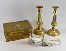 AN ANTIQUE BRASS CASH-BOX, PAIR OF BRASS CANDLEHOLDERS & PAIR OF EP TABLE-PEACOCKS