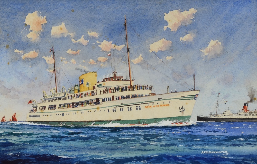A F D BANNISTER watercolour - ship portrait of a single funnel liner 'Queen of the Channel', signed,
