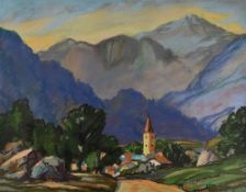 D FITZGERLAD ARUNDEL pastel - mountainous Continental landscape with village, signed, 37 x 46cms