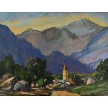 D FITZGERLAD ARUNDEL pastel - mountainous Continental landscape with village, signed, 37 x 46cms