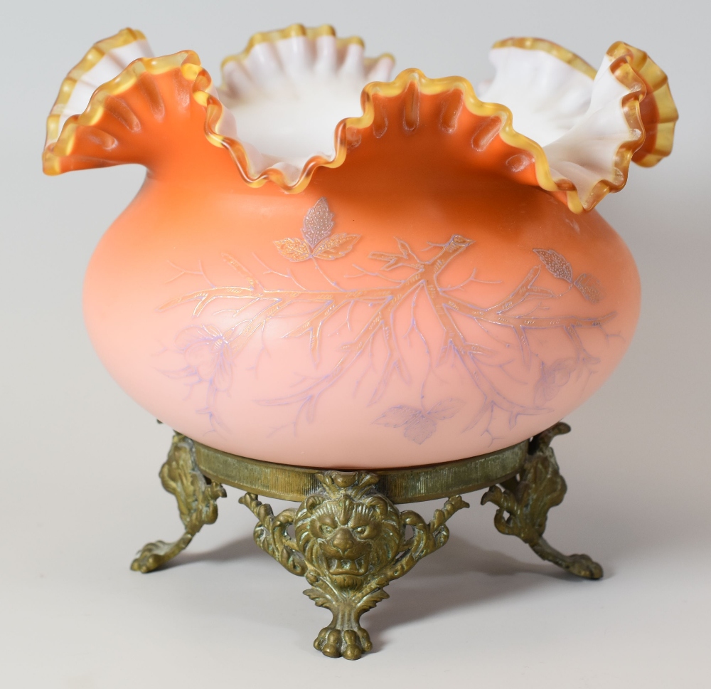 AN ANTIQUE SATIN GLASS TABLE CENTRE-PIECE with lobed and frill border, the body with applied