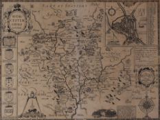 JOHN SPEED antique map - 'Worcestershire Described' uncoloured and in rear glazed frame, 40 x 51cms