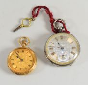 AN 18CT YELLOW GOLD OPEN FACE FOB WATCH & SIMILAR SILVER EXAMPLE