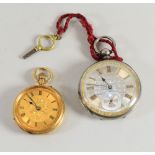 AN 18CT YELLOW GOLD OPEN FACE FOB WATCH & SIMILAR SILVER EXAMPLE