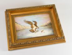 A ROYAL WORCESTER PLAQUE BY M POWELL of an eagle catching a leaping salmon, signed with