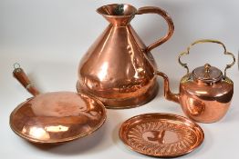 FOUR ITEMS OF COPPERWARE comprising '2 Gallon' conical measure, a concave bed-warming pan (no