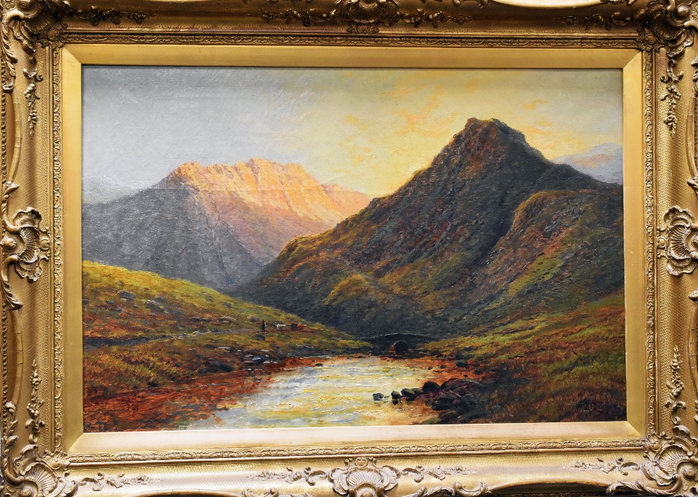 ALFRED FONTVILLE DE BREANSKI oil on canvas - Highland landscape in soft sunlight with drover and - Image 2 of 2