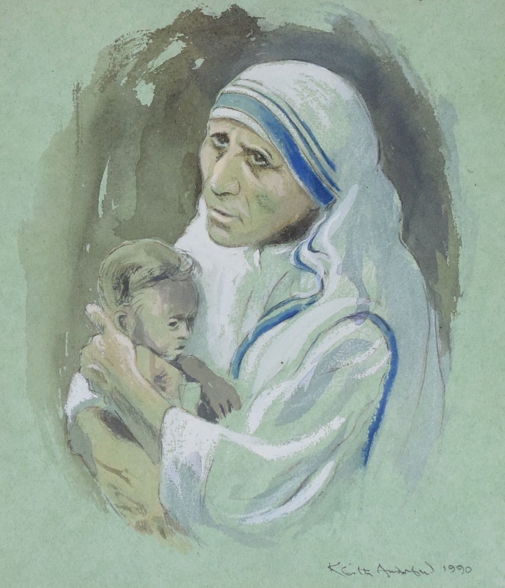 KEITH ANDREW watercolour - portrait of Mother of Theresa of Calcutta, signed and dated 1990, 20 x