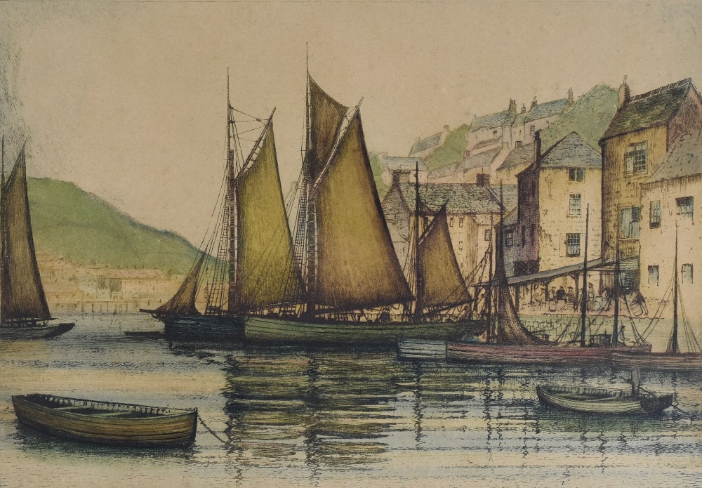 GRANT EDWARDS coloured etching - Cornish harbour with boats, entitled 'Polperro', signed, 24 x