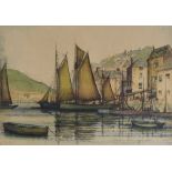 GRANT EDWARDS coloured etching - Cornish harbour with boats, entitled 'Polperro', signed, 24 x